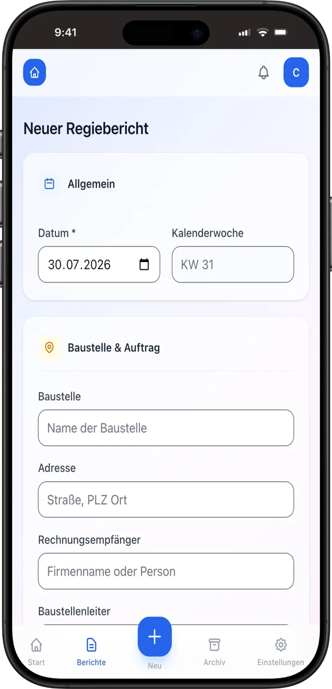 SindriApp Formular für einen neuen Regiebericht