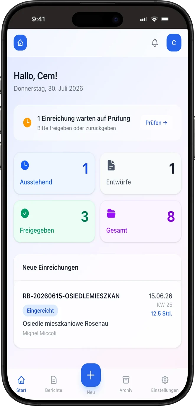SindriApp Startbildschirm mit Berichtsuebersicht