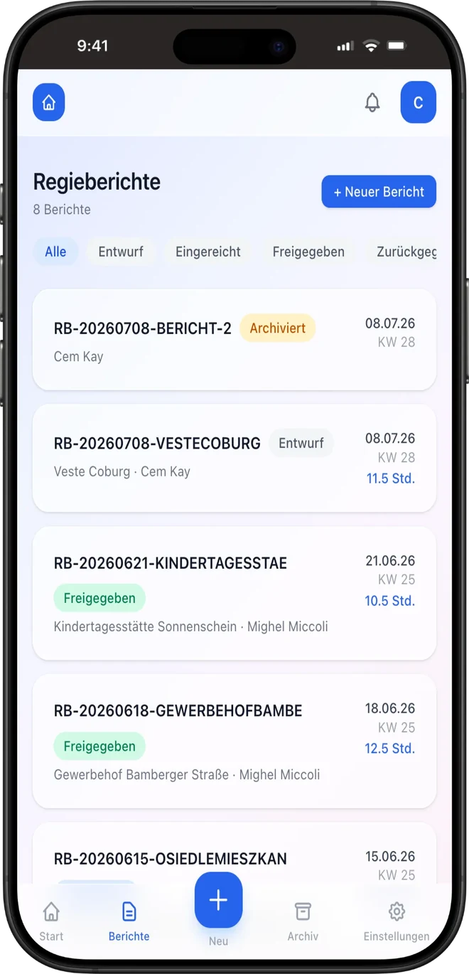 SindriApp Liste aller Regieberichte